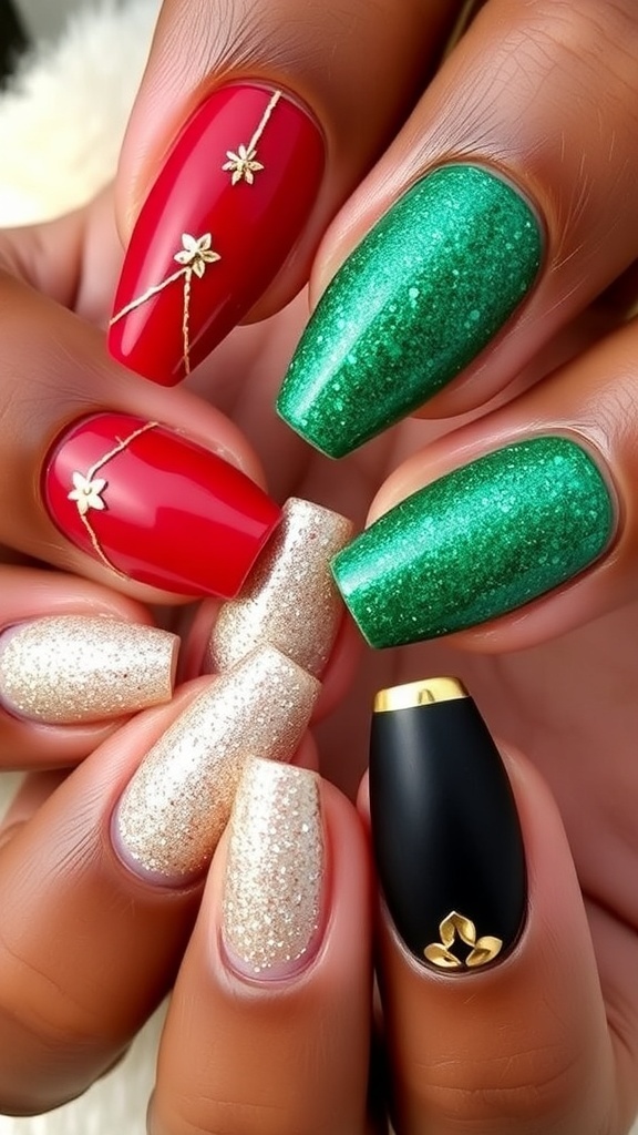 Elegant Christmas Nail Designs for Dark Skin Elegant Christmas nail designs for dark skin, featuring red, green, and black styles.